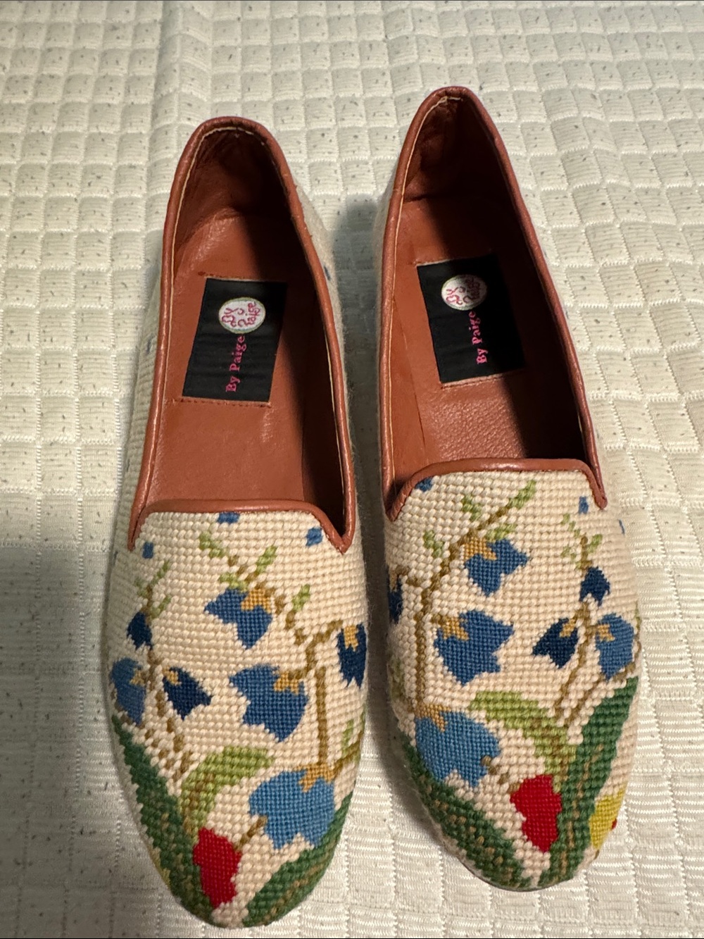 Needlepoint Floral Cream Loafers with Blue & Green Accents